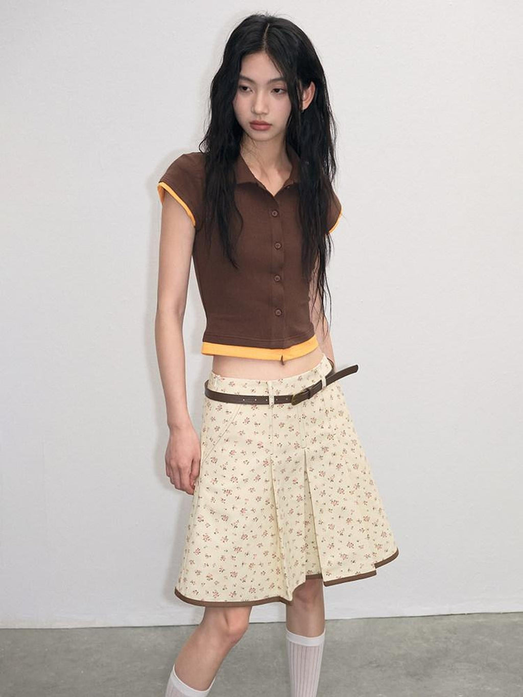 Cotton Mix Slim Street Polo Button Cropped Paneled Brown Short Sleeve T-Shirts