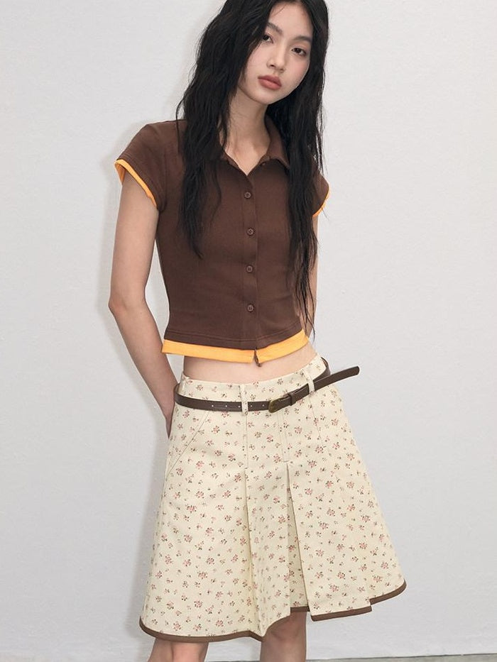 Cotton Mix Slim Street Polo Button Cropped Paneled Brown Short Sleeve T-Shirts