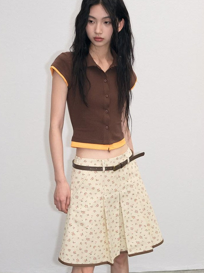 Cotton Mix Slim Street Polo Button Cropped Paneled Brown Short Sleeve T-Shirts