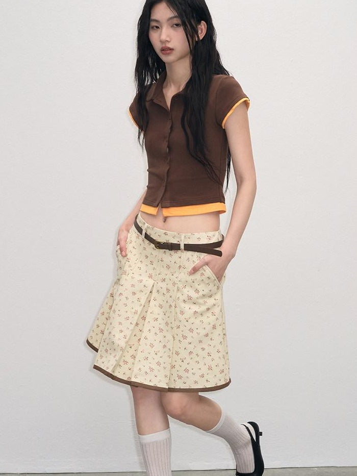 Cotton Mix Slim Street Polo Button Cropped Paneled Brown Short Sleeve T-Shirts