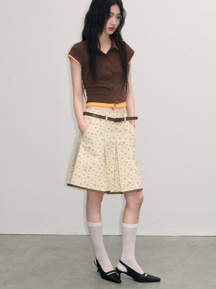 Cotton Mix Slim Street Polo Button Cropped Paneled Brown Short Sleeve T-Shirts