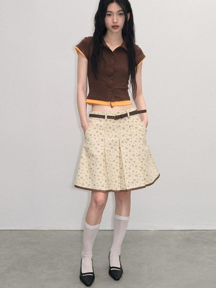 Cotton Mix Slim Street Polo Button Cropped Paneled Brown Short Sleeve T-Shirts