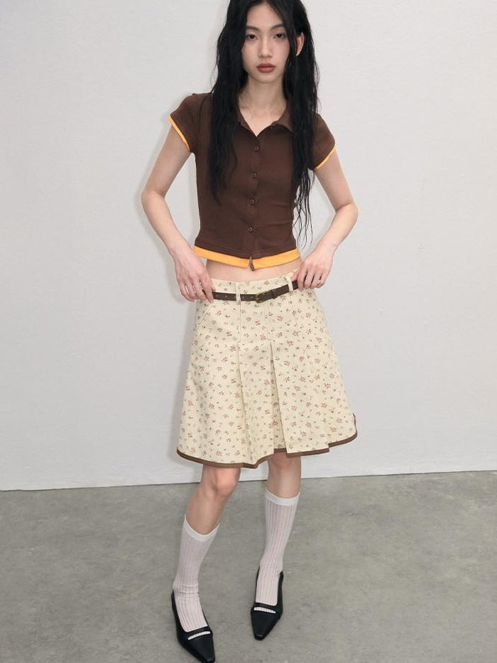 Cotton Mix Slim Street Polo Button Cropped Paneled Brown Short Sleeve T-Shirts