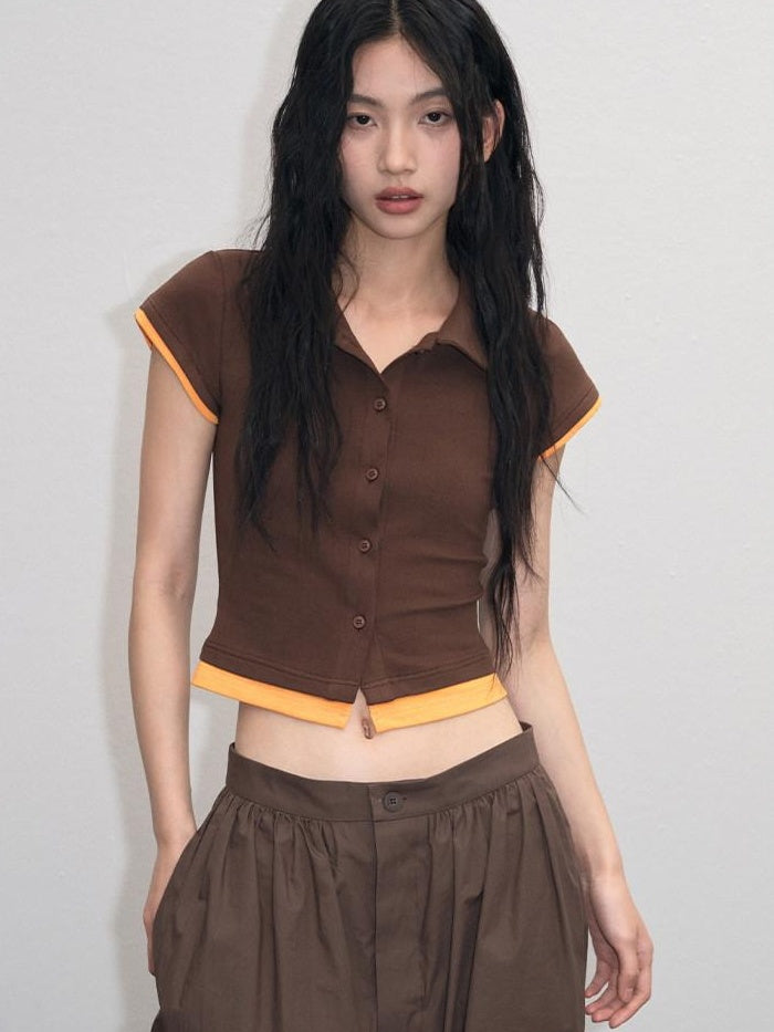 Cotton Mix Slim Street Polo Button Cropped Paneled Brown Short Sleeve T-Shirts