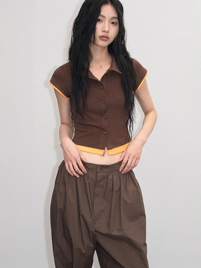 Cotton Mix Slim Street Polo Button Cropped Paneled Brown Short Sleeve T-Shirts