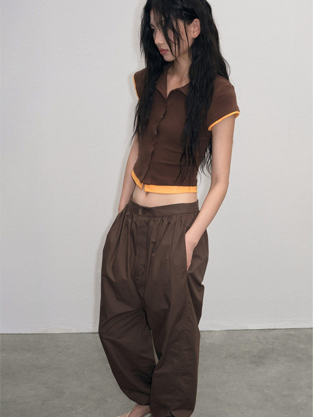 Cotton Mix Slim Street Polo Button Cropped Paneled Brown Short Sleeve T-Shirts