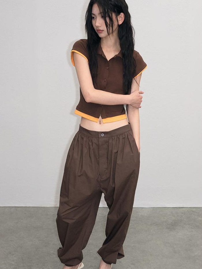 Cotton Mix Slim Street Polo Button Cropped Paneled Brown Short Sleeve T-Shirts