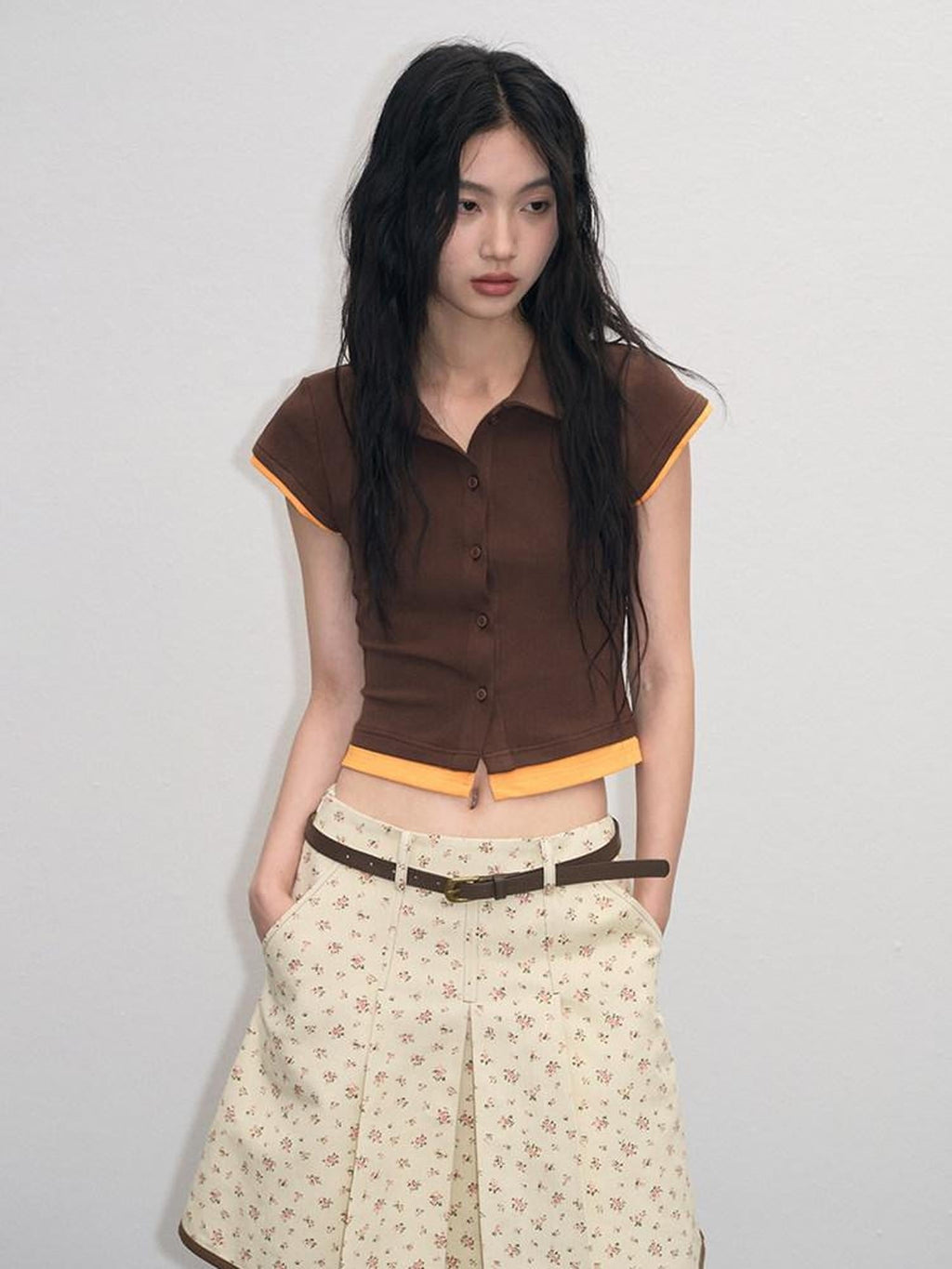 Cotton Mix Slim Street Polo Button Cropped Paneled Brown Short Sleeve T-Shirts