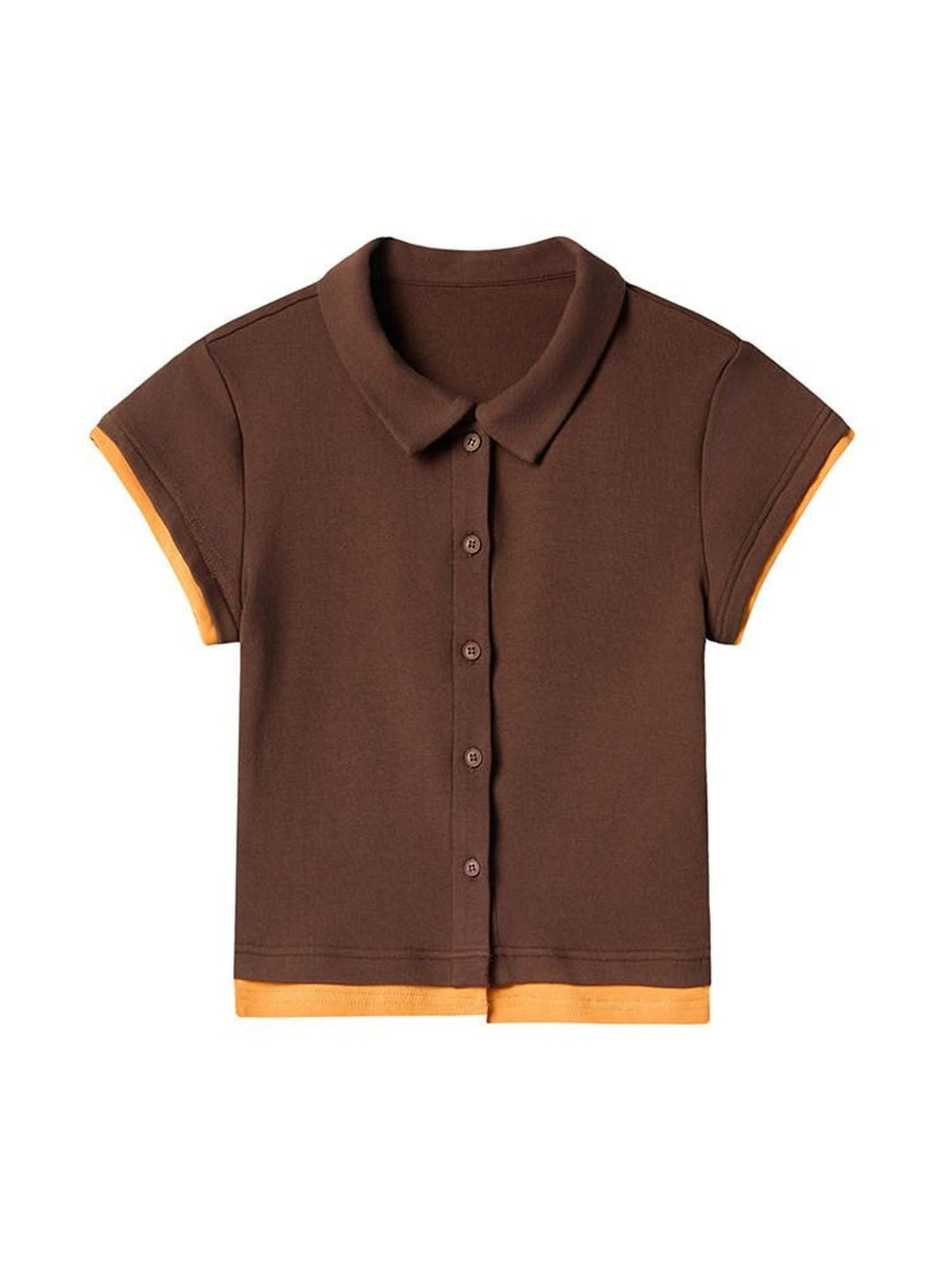 Cotton Mix Slim Street Polo Button Cropped Paneled Brown Short Sleeve T-Shirts
