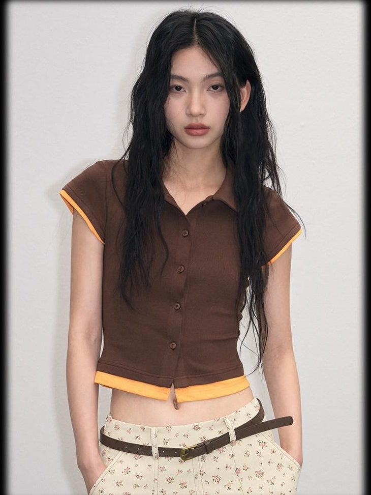 Cotton Mix Slim Street Polo Button Cropped Paneled Brown Short Sleeve T-Shirts