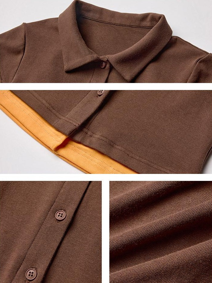 Cotton Mix Slim Street Polo Button Cropped Paneled Brown Short Sleeve T-Shirts