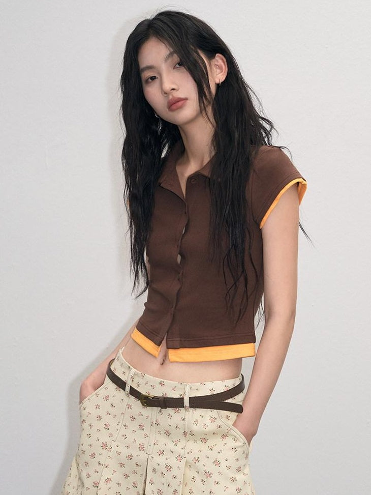 Cotton Mix Slim Street Polo Button Cropped Paneled Brown Short Sleeve T-Shirts