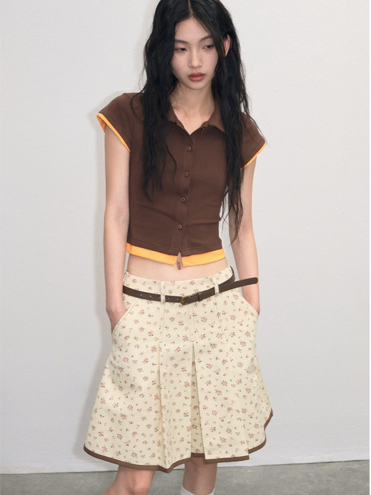 Cotton Mix Slim Street Polo Button Cropped Paneled Brown Short Sleeve T-Shirts