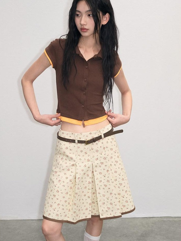 Cotton Mix Slim Street Polo Button Cropped Paneled Brown Short Sleeve T-Shirts