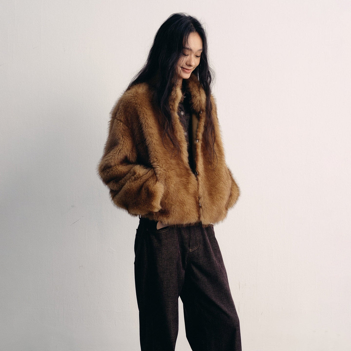 Cozy Thick Short Brown Oversized Street Style Women Polyester Casual Jackets