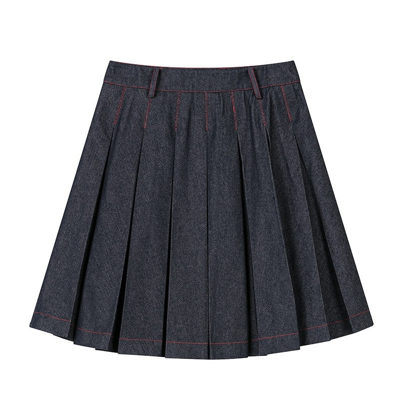 Denim Blue Pressed Pleats Aline Mid Waist Women's Cotton Blend Pleated Skirts