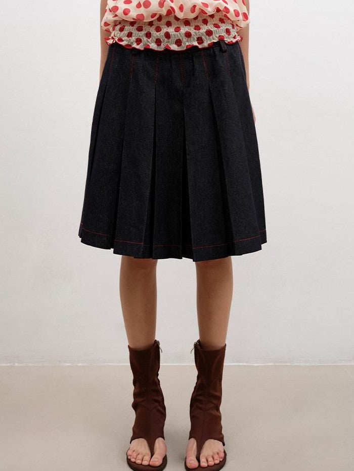Denim Blue Pressed Pleats Aline Mid Waist Women's Cotton Blend Pleated Skirts