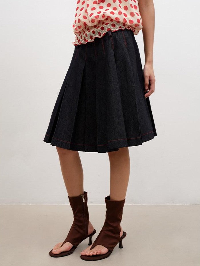Denim Blue Pressed Pleats Aline Mid Waist Women's Cotton Blend Pleated Skirts