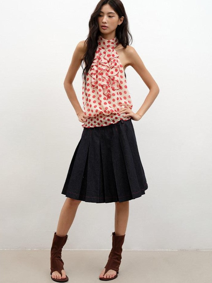 Denim Blue Pressed Pleats Aline Mid Waist Women's Cotton Blend Pleated Skirts