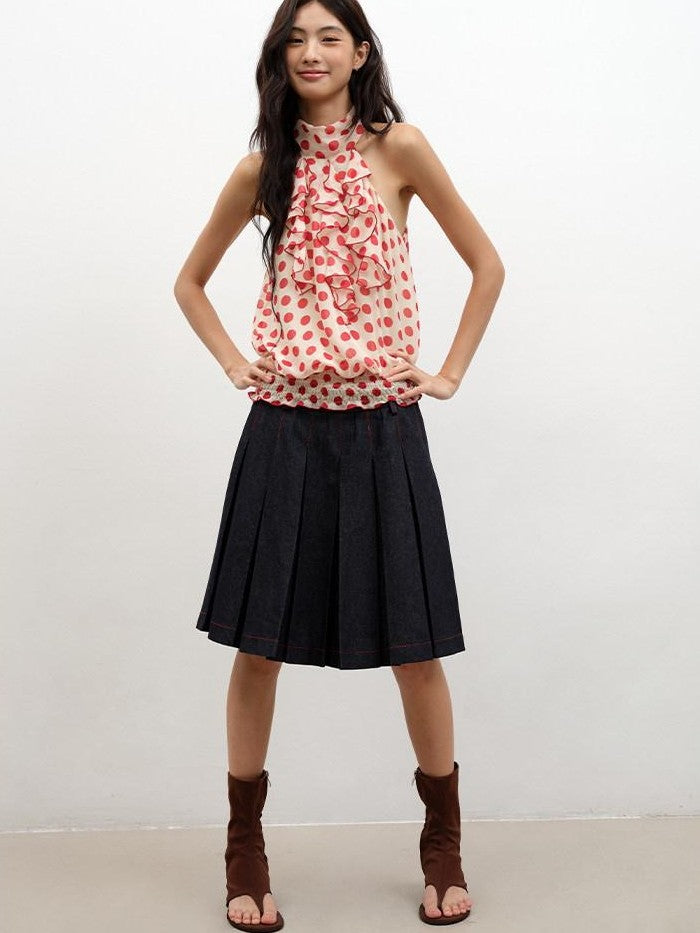 Denim Blue Pressed Pleats Aline Mid Waist Women's Cotton Blend Pleated Skirts