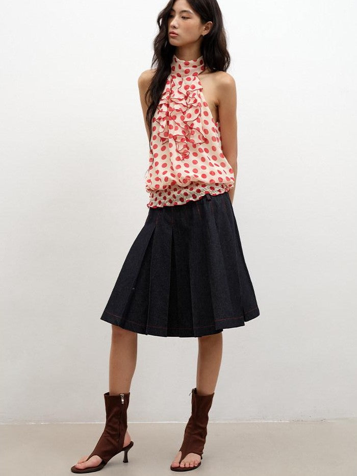 Denim Blue Pressed Pleats Aline Mid Waist Women's Cotton Blend Pleated Skirts