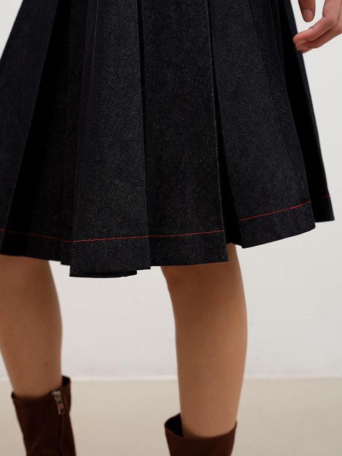 Denim Blue Pressed Pleats Aline Mid Waist Women's Cotton Blend Pleated Skirts