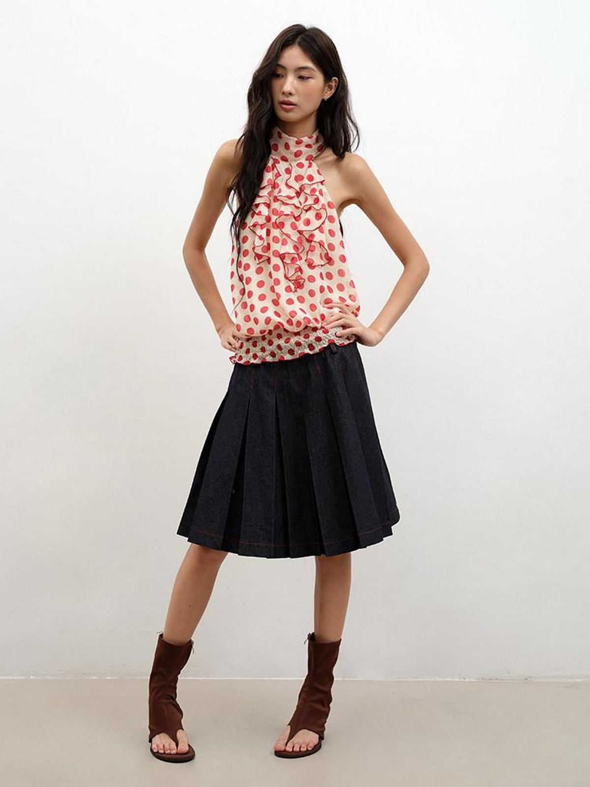 Denim Blue Pressed Pleats Aline Mid Waist Women's Cotton Blend Pleated Skirts