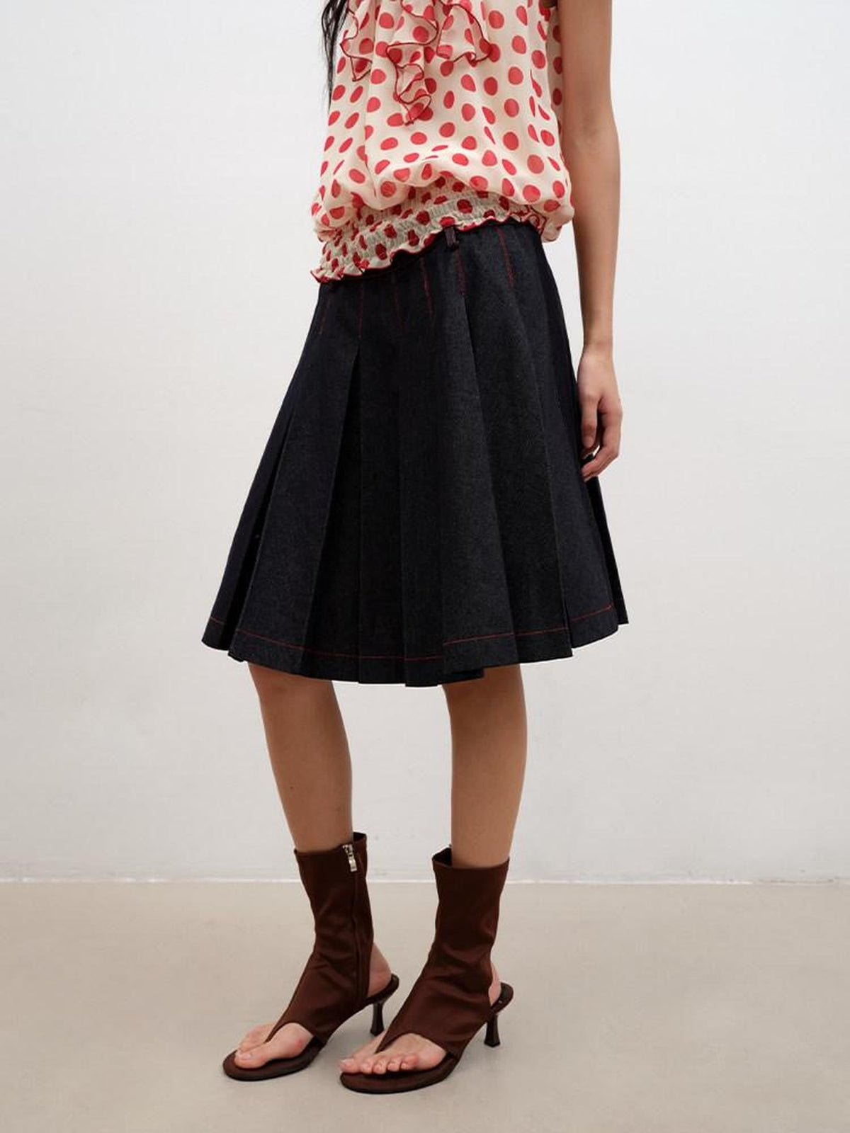 Denim Blue Pressed Pleats Aline Mid Waist Women's Cotton Blend Pleated Skirts