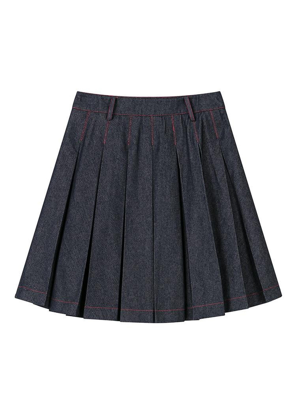 Denim Blue Pressed Pleats Aline Mid Waist Women's Cotton Blend Pleated Skirts