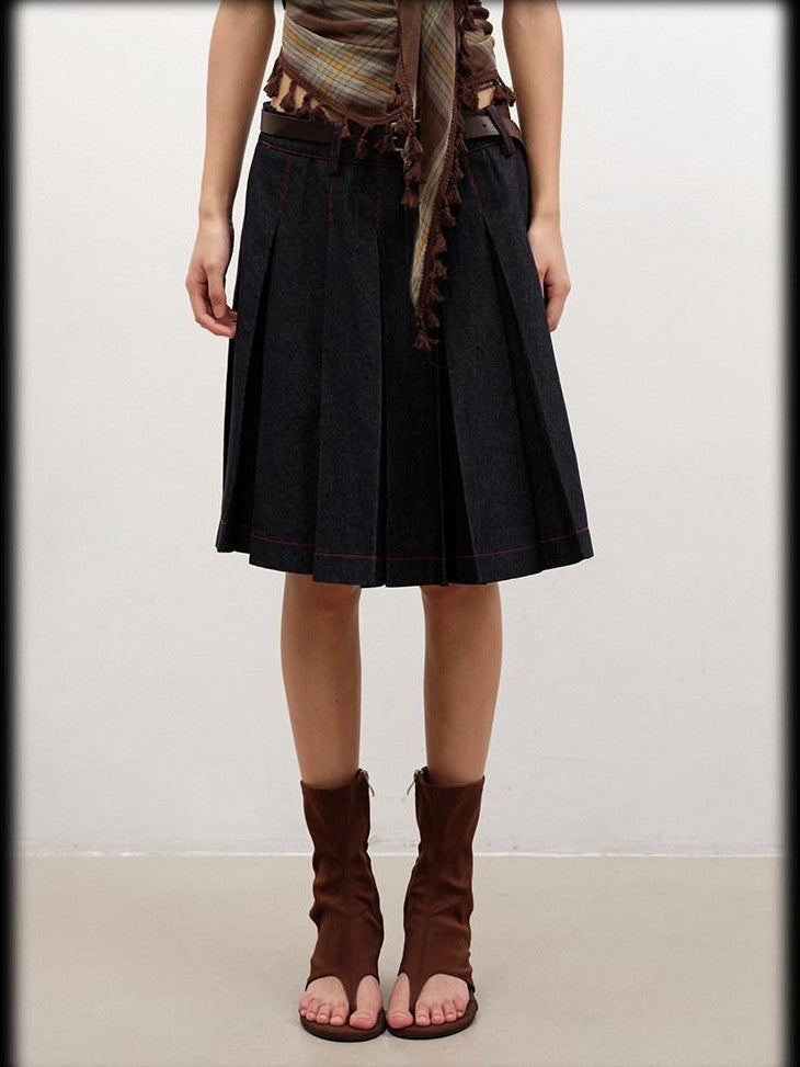 Denim Blue Pressed Pleats Aline Mid Waist Women's Cotton Blend Pleated Skirts