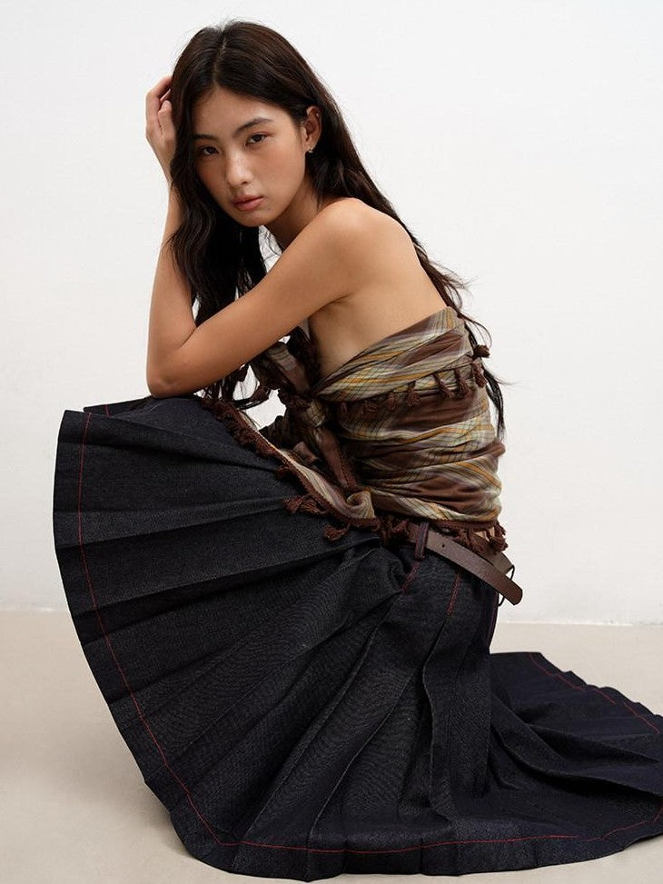 Denim Blue Pressed Pleats Aline Mid Waist Women's Cotton Blend Pleated Skirts