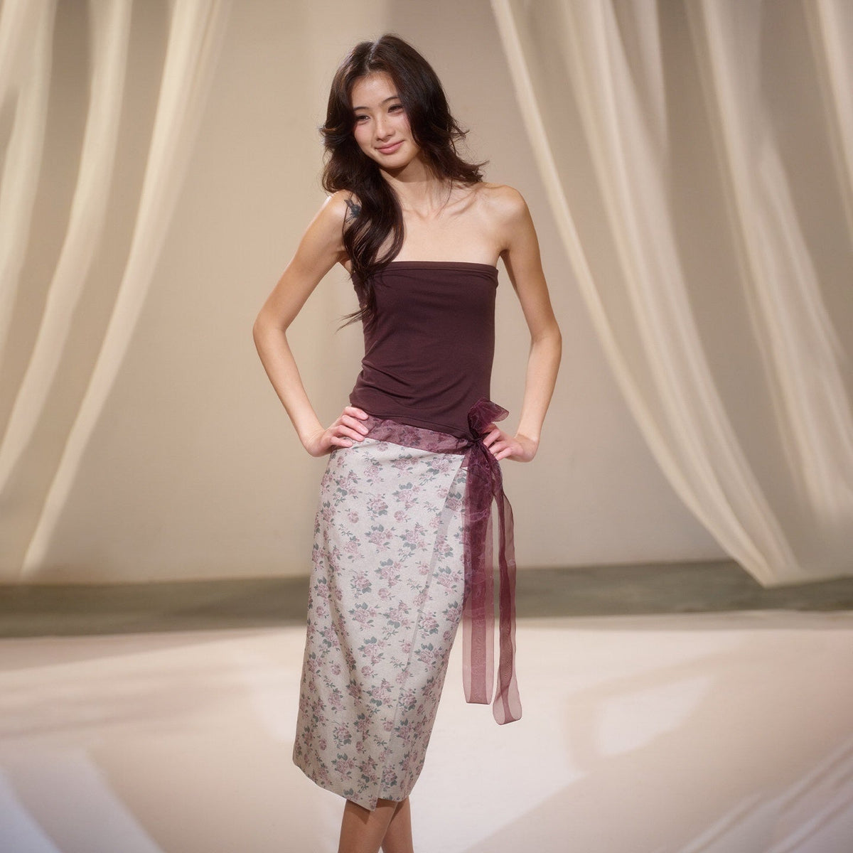 Floral Two Piece Set Street Slim Fit Mid Length Women Brown Tube Tops / Bandeaus
