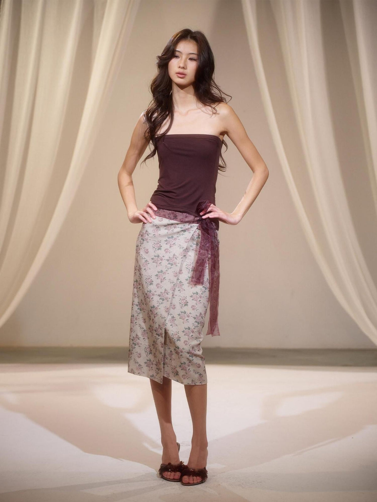 Floral Two Piece Set Street Slim Fit Mid Length Women Brown Tube Tops / Bandeaus