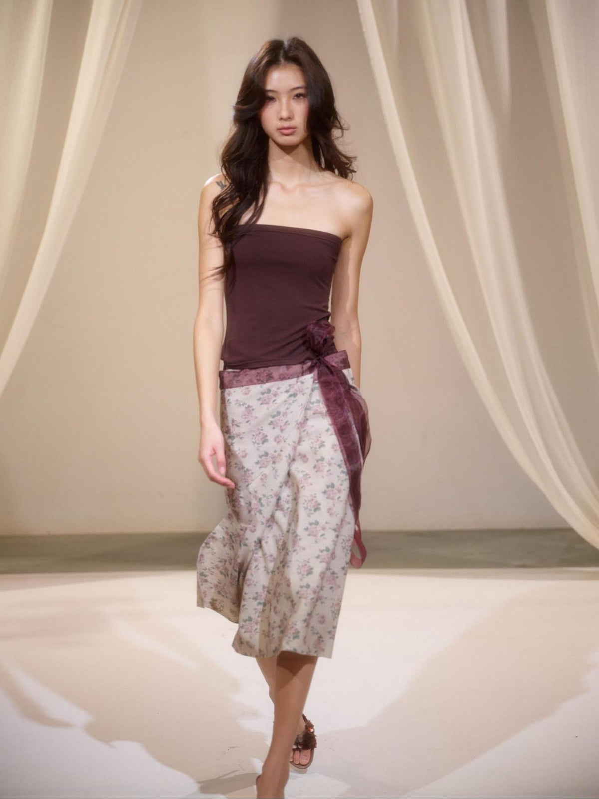 Floral Two Piece Set Street Slim Fit Mid Length Women Brown Tube Tops / Bandeaus