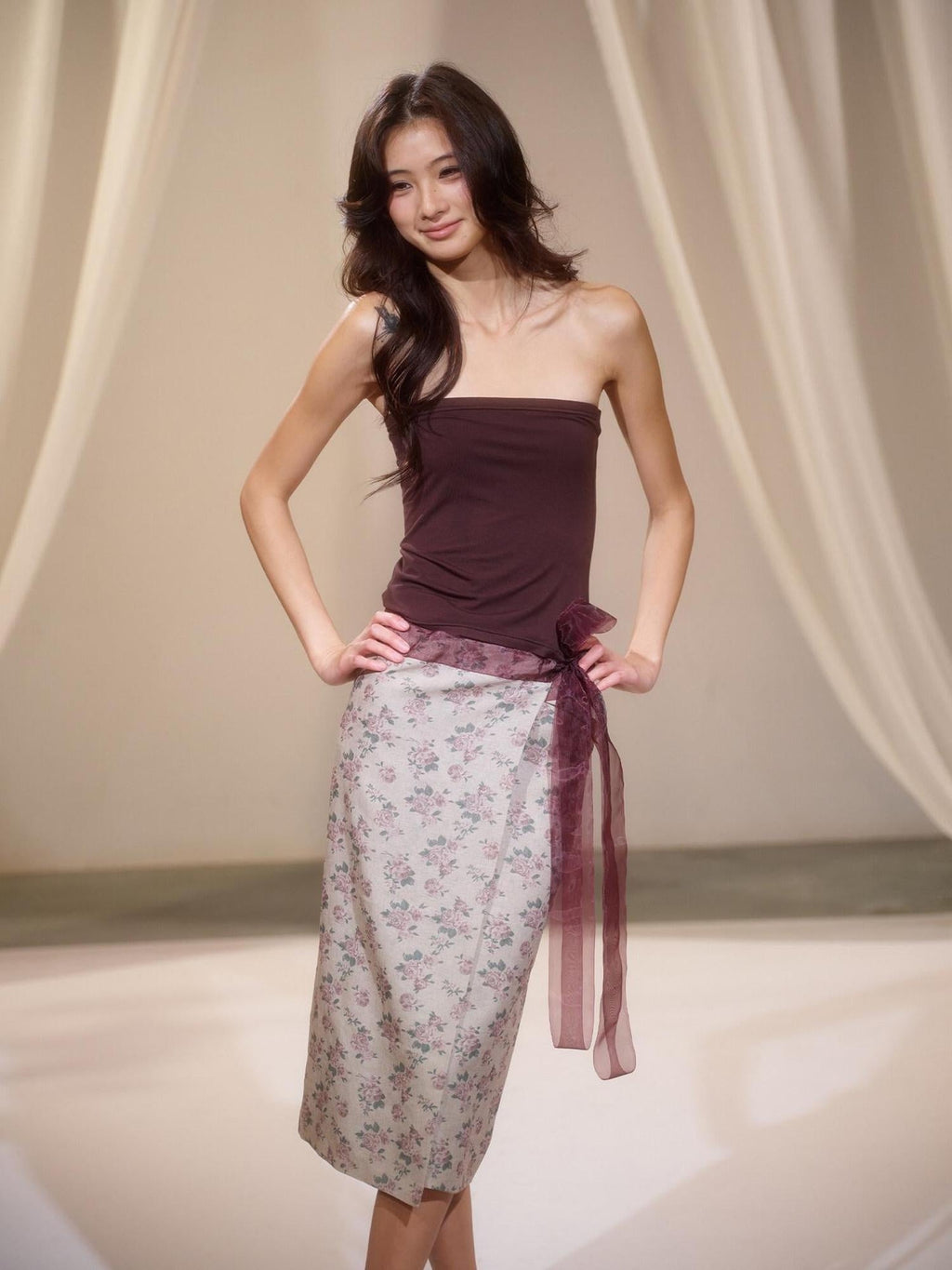 Floral Two Piece Set Street Slim Fit Mid Length Women Brown Tube Tops / Bandeaus