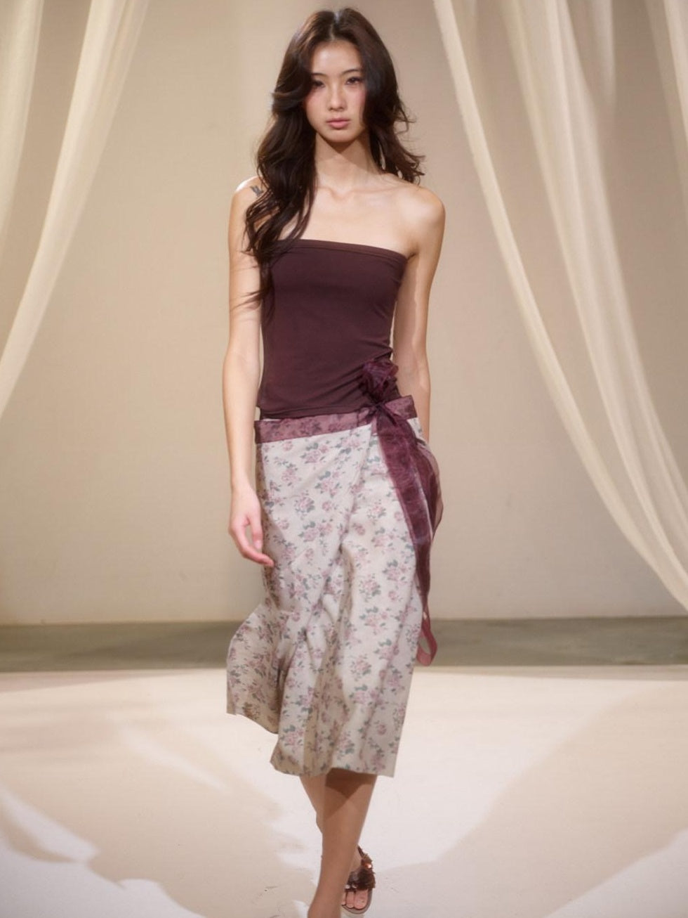 Floral Two Piece Set Street Slim Fit Mid Length Women Brown Tube Tops / Bandeaus