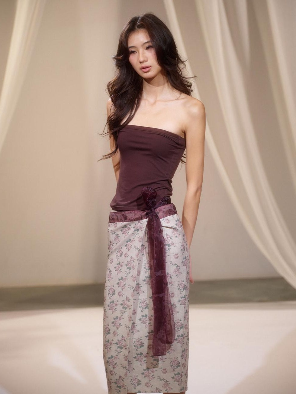 Floral Two Piece Set Street Slim Fit Mid Length Women Brown Tube Tops / Bandeaus