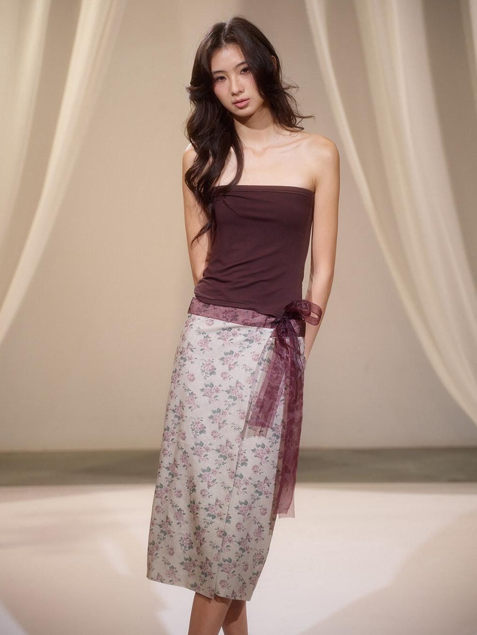 Floral Two Piece Set Street Slim Fit Mid Length Women Brown Tube Tops / Bandeaus