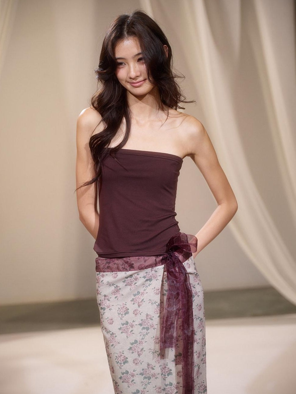 Floral Two Piece Set Street Slim Fit Mid Length Women Brown Tube Tops / Bandeaus