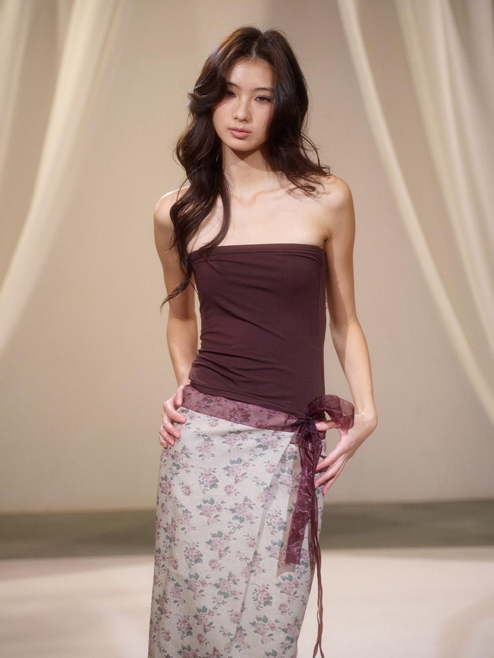 Floral Two Piece Set Street Slim Fit Mid Length Women Brown Tube Tops / Bandeaus