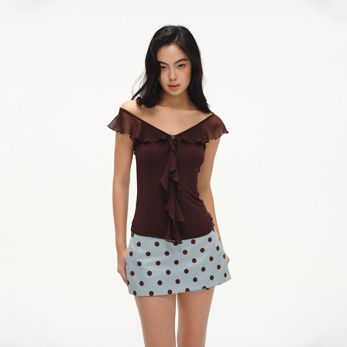 French V-neck Ruffle Flutter Sleeve Slim Women's Rayon Short Sleeve T-shirts
