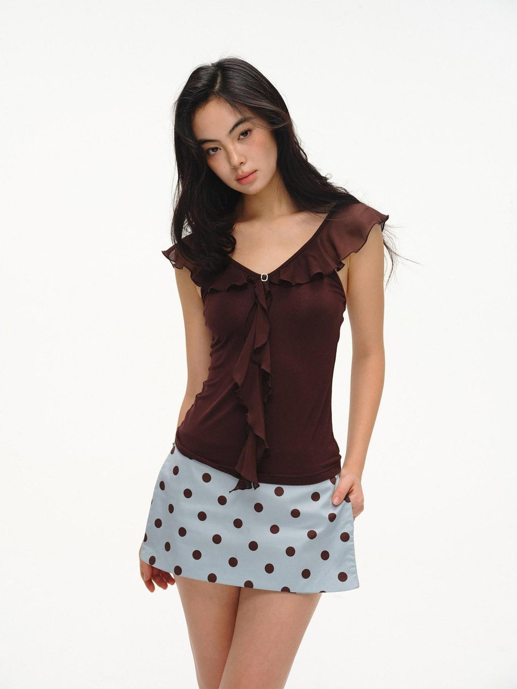 French V-neck Ruffle Flutter Sleeve Slim Women's Rayon Short Sleeve T-shirts