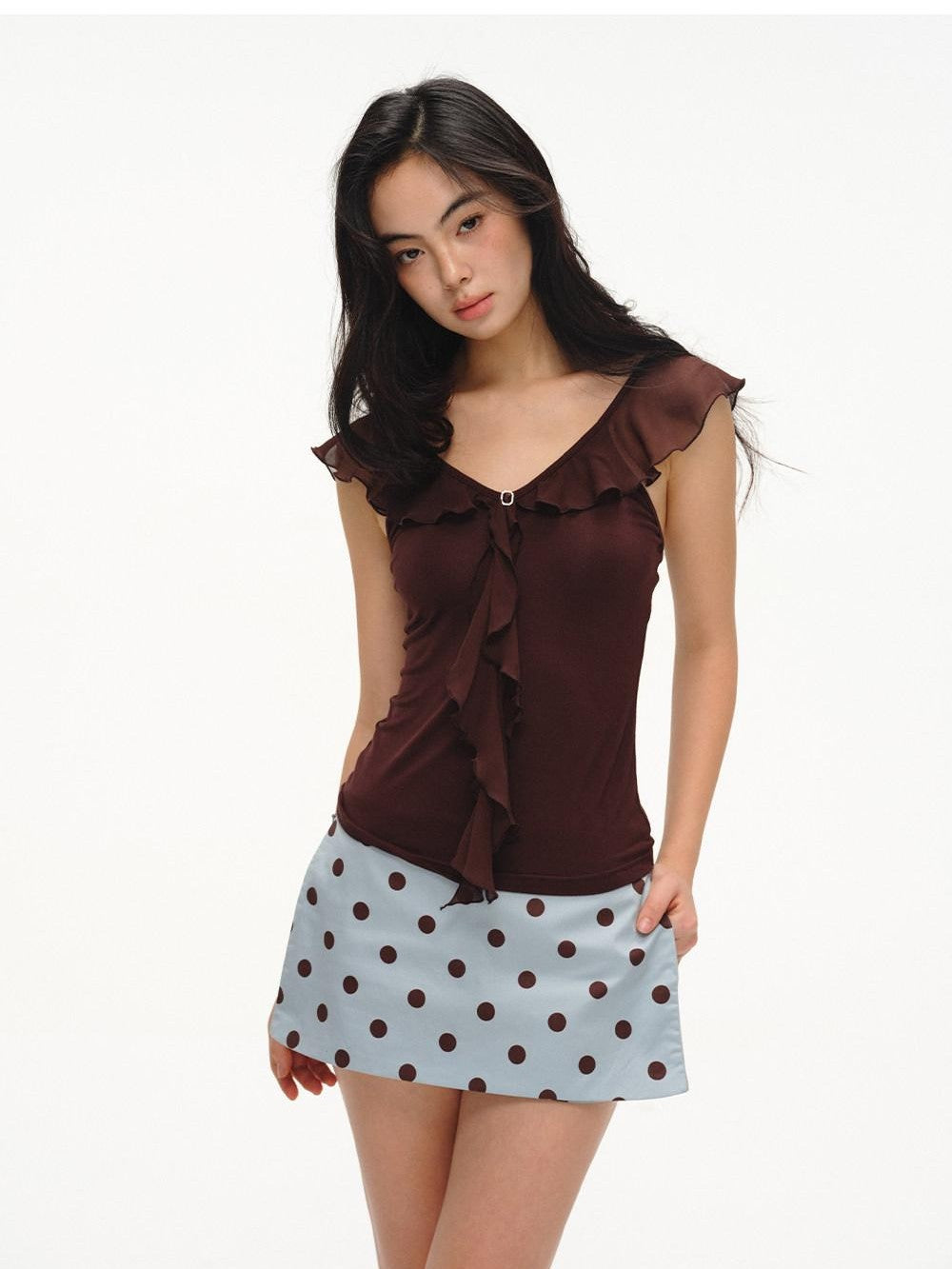 French V-neck Ruffle Flutter Sleeve Slim Women's Rayon Short Sleeve T-shirts