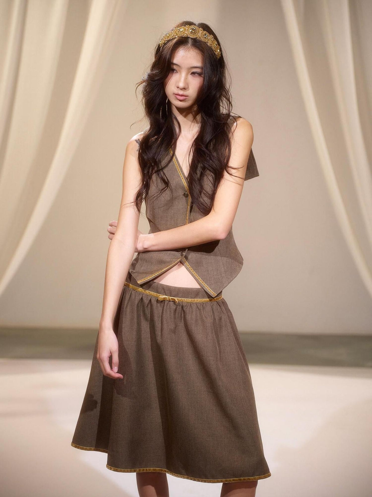Green Sailor Collar Strap Spliced V-neck Pleated Women's Matching Skirt Sets