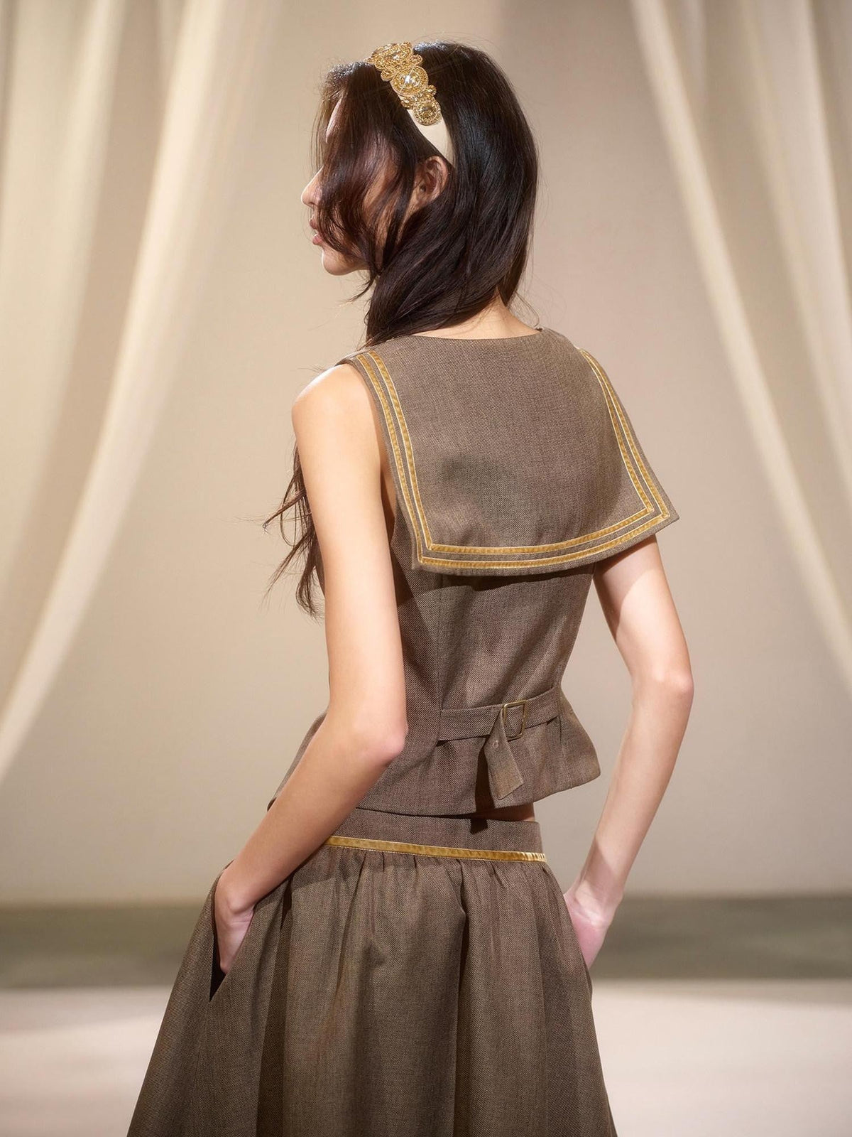 Green Sailor Collar Strap Spliced V-neck Pleated Women's Matching Skirt Sets