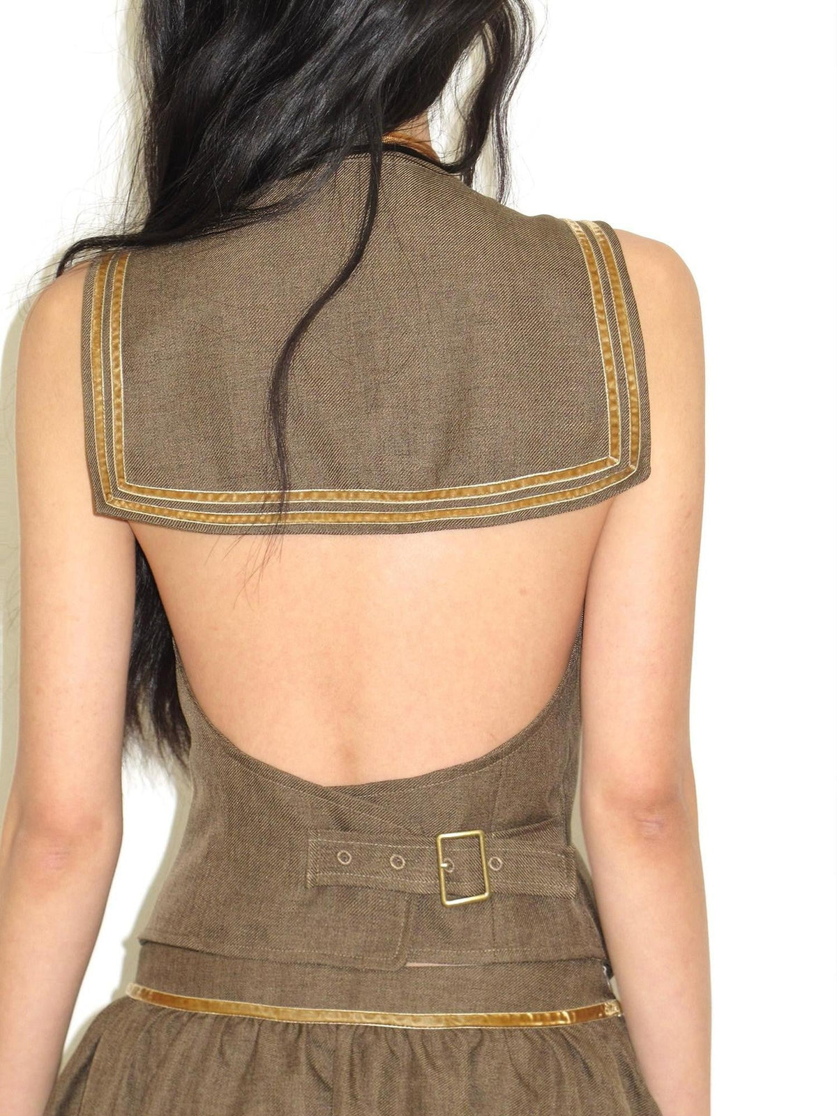 Green Sailor Collar Strap Spliced V-neck Pleated Women's Matching Skirt Sets