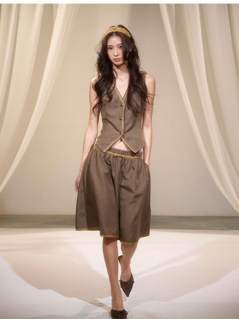 Green Sailor Collar Strap Spliced V-neck Pleated Women's Matching Skirt Sets