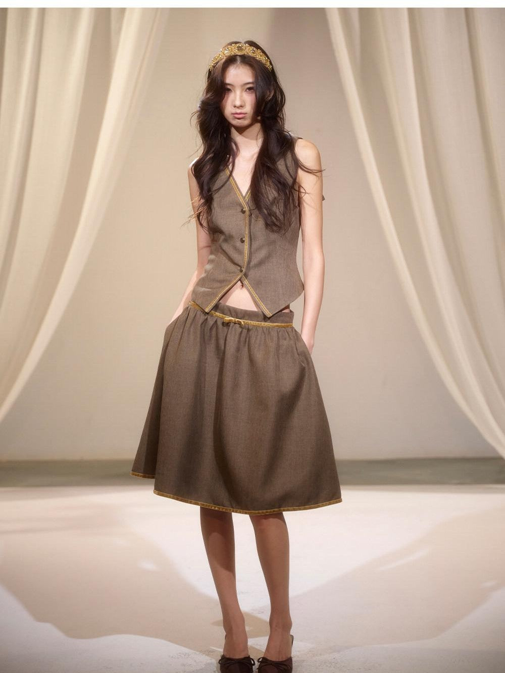 Green Sailor Collar Strap Spliced V-neck Pleated Women's Matching Skirt Sets