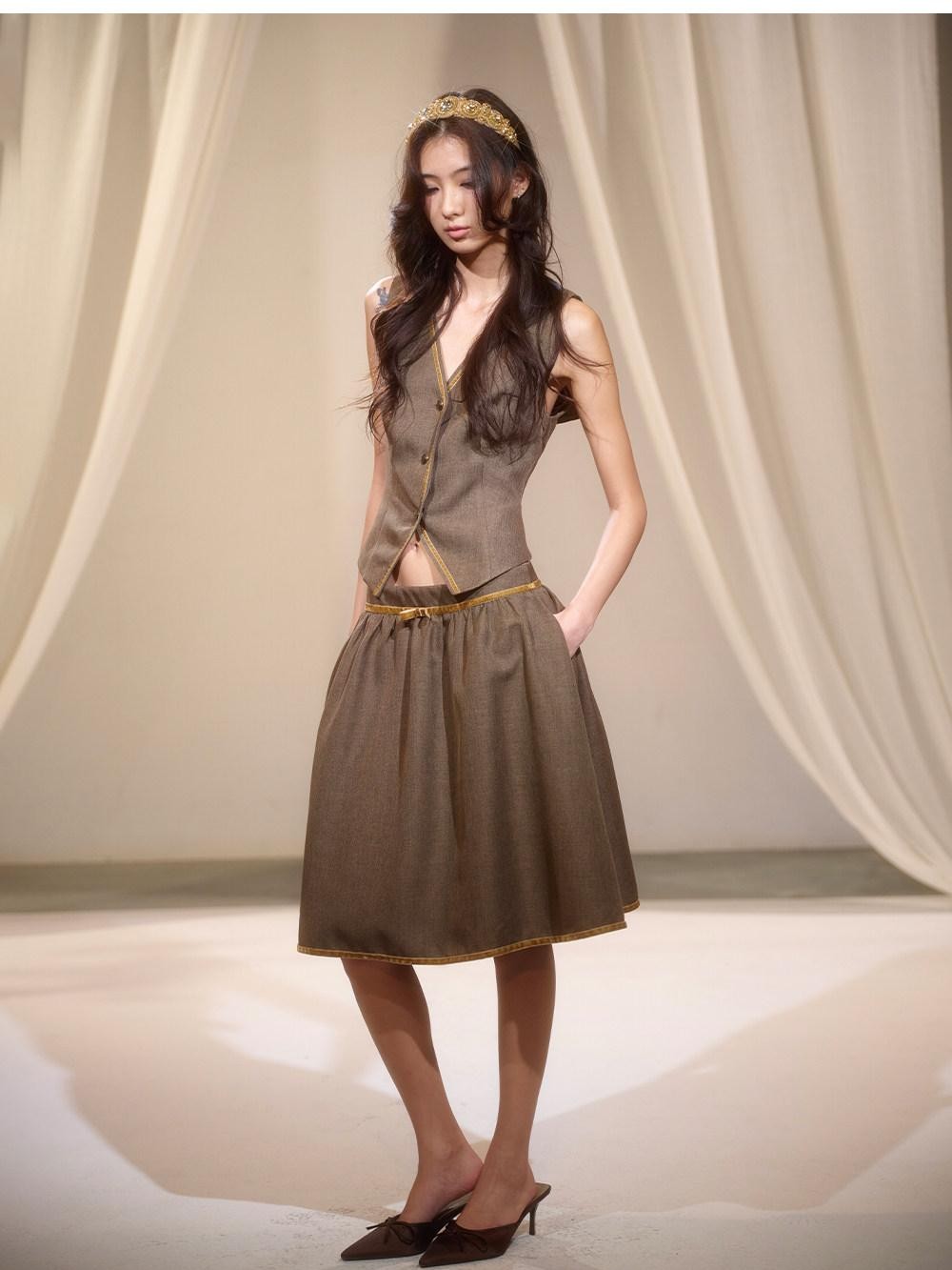 Green Sailor Collar Strap Spliced V-neck Pleated Women's Matching Skirt Sets