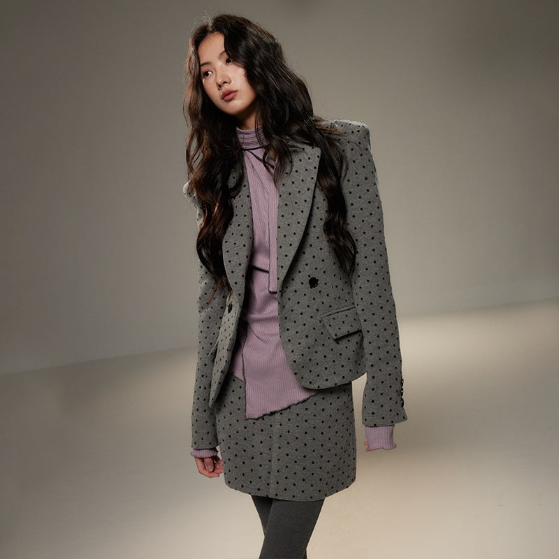 Grey Polka Dot Notch Lapel Cinched Waist Long Sleeve Women's Blazer Skirt Suits